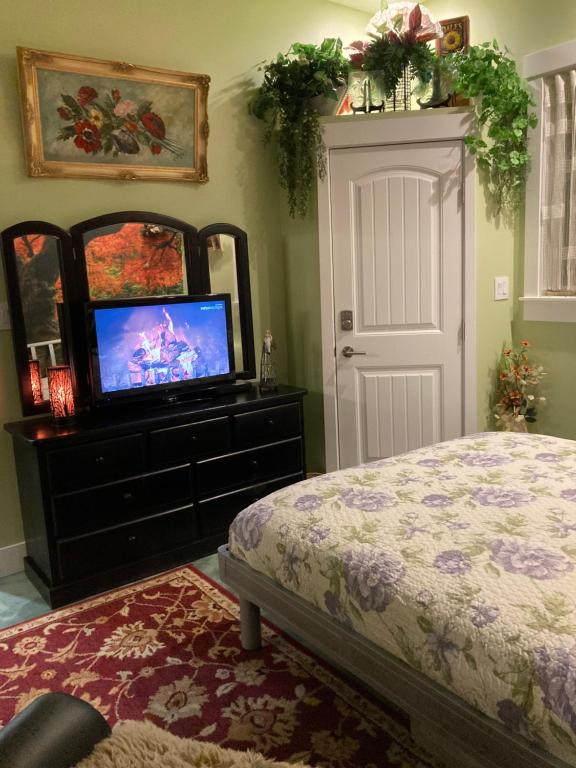 a bedroom with a bed and a television on a dresser at Private small suite with private bathroom and parking on property in Vernon