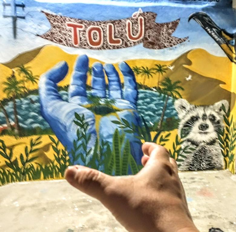 een persoon die zijn hand voor een boek vasthoudt bij Oasis de Tolú in Tolú