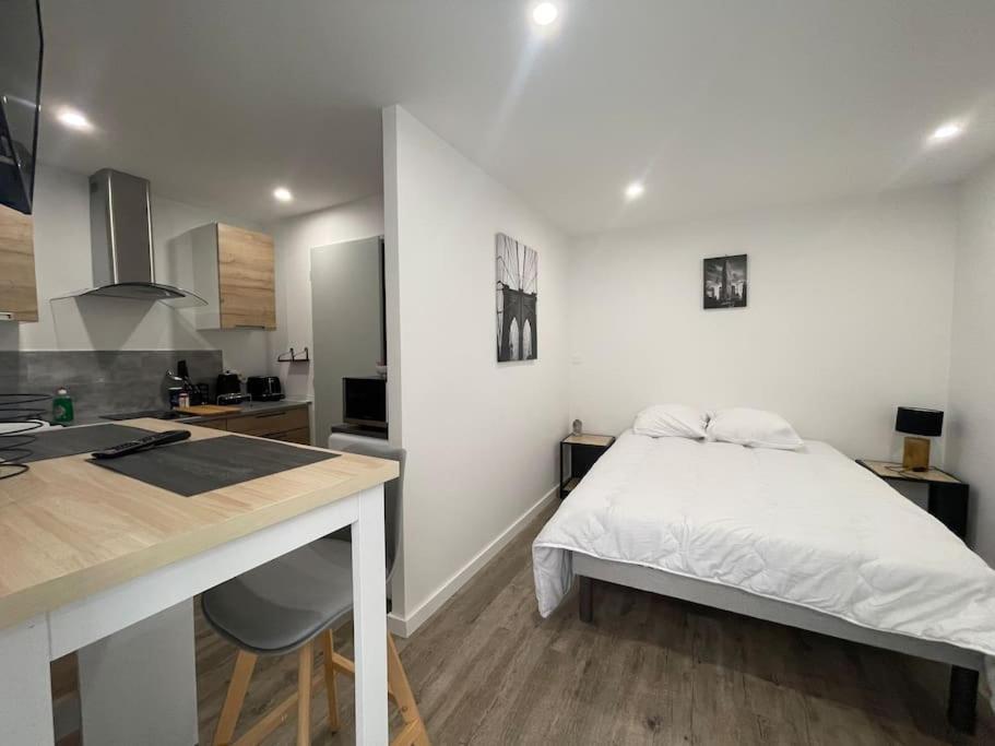um quarto com uma cama e uma cozinha com um balcão em Studio de l'EST n°1 em Montluçon