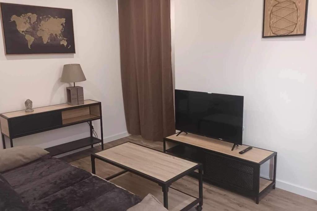 een woonkamer met een bank en een flatscreen-tv bij Appartement de l'EST N°2 in Montluçon