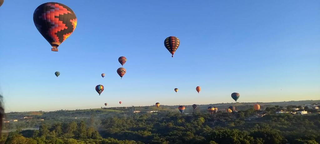 a bunch of hot air balloons flying in the sky at Hotel Boituva Inn - Your Hotel in Boituva