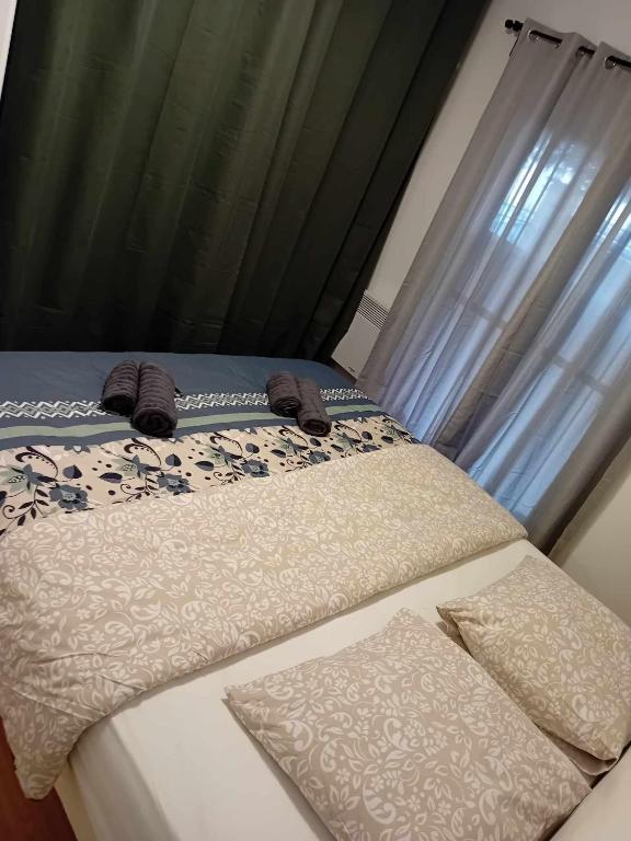 - deux lits assis l'un à côté de l'autre devant une fenêtre dans l'établissement Appart avec jardin proche Paris, à Aubervilliers