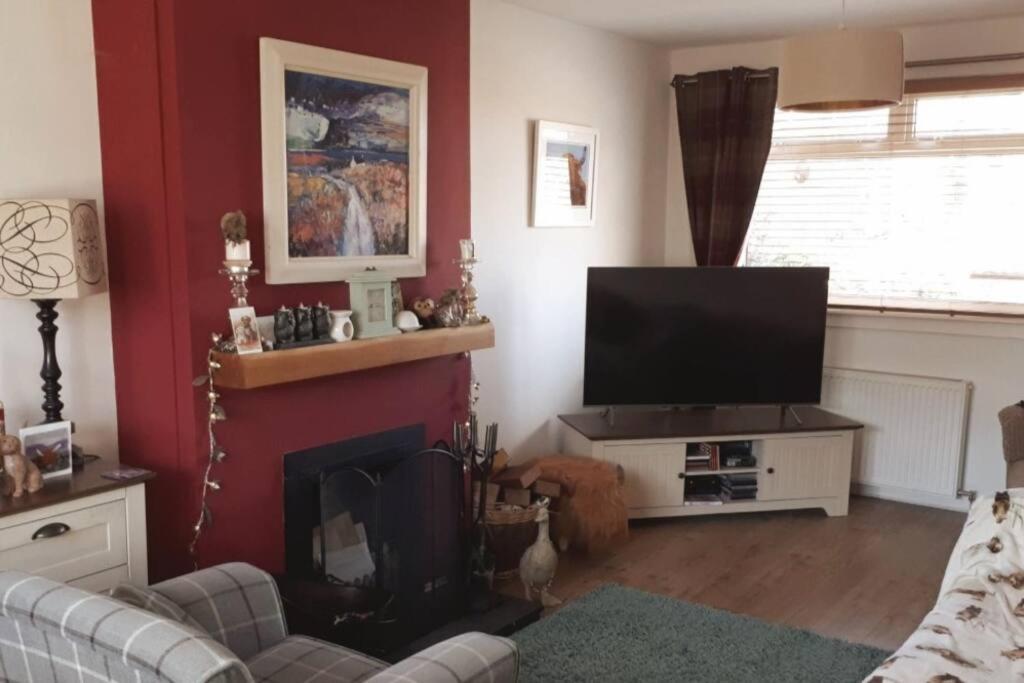 a living room with a fireplace and a television at Cosy 2 bedroom house on the edge of Balloch in Balloch