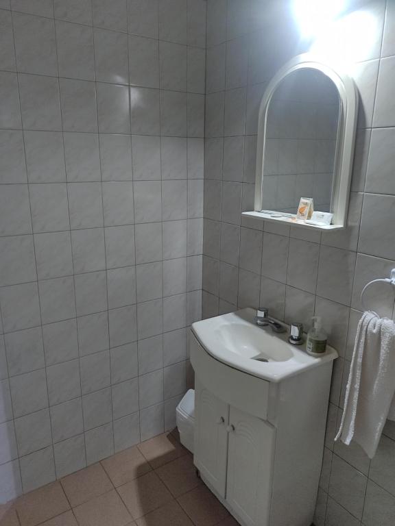 een badkamer met een toilet, een wastafel en een spiegel bij Lo de Bibi in Santa Rosa