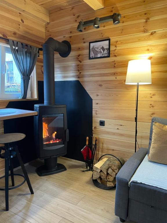 a living room with a fireplace in a log cabin at Guest House Durmitor Paradise in Žabljak