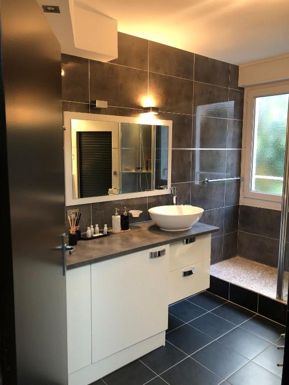 une salle de bain avec un lavabo et un miroir dans l'établissement Hyper centre - Balcon / Parking, au Havre