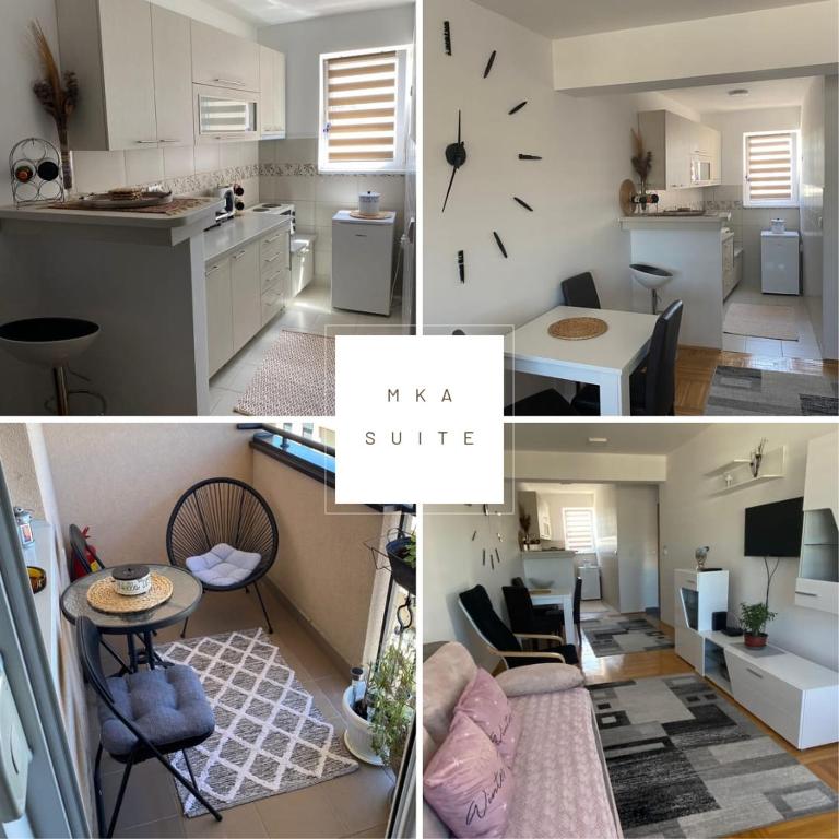 eine Collage mit Fotos von einer Küche und einem Wohnzimmer in der Unterkunft MKA suite in Kragujevac