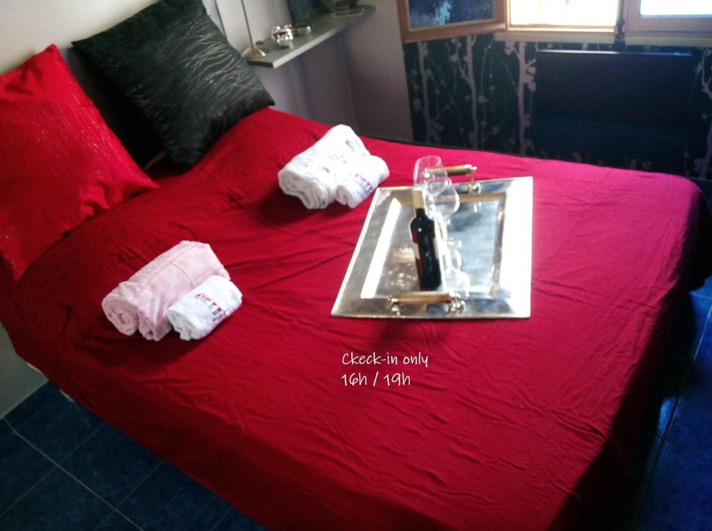 a red bed with a tray with a bottle of wine on it at Patrick&Pierre Bed and Breakfast Nîmes in Nîmes