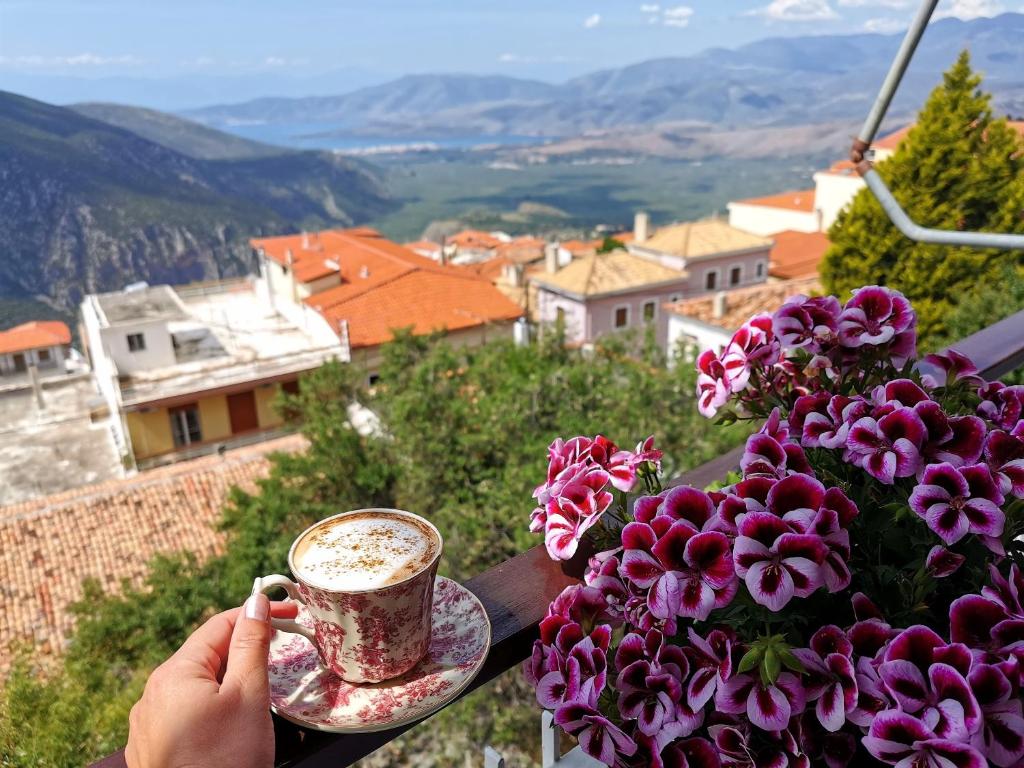 a person holding a cup of coffee on aucer next to flowers at Delphic Horizons in Delphi