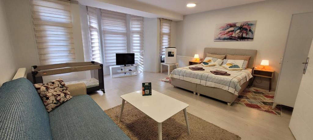 uma sala de estar com uma cama e um sofá em Rooms in the heart of Sisli - 1 min to metro - Shared bathroom and kitchen em Istambul