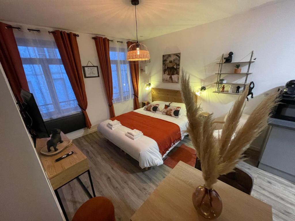 a bedroom with a bed and a tv in it at Studio du soleil in Saint-Omer