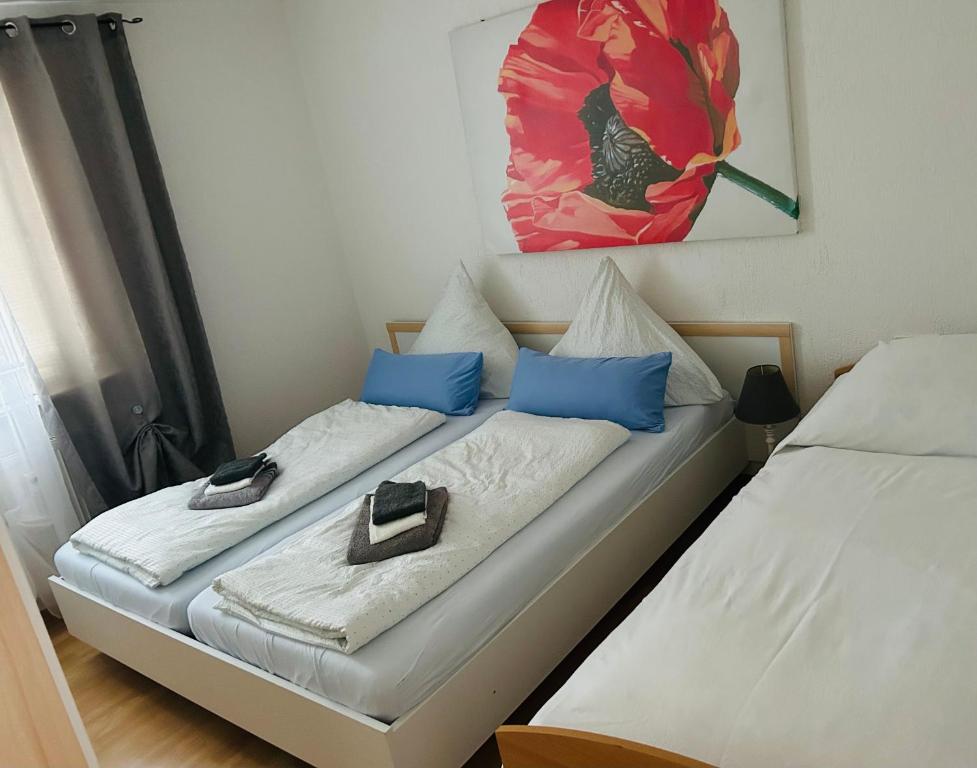two beds in a small room with blue pillows at Wohnung VS in Villingen-Schwenningen