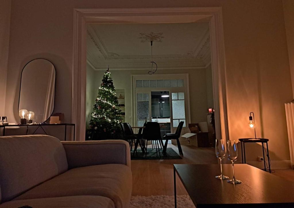 a living room with a christmas tree and a couch at Appartement Maison de Maître in Seraing