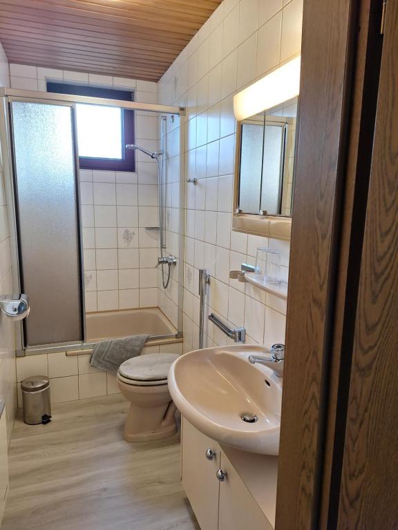 een badkamer met een wastafel, een toilet en een douche bij Ferienwohnung W.Esel in Wesel