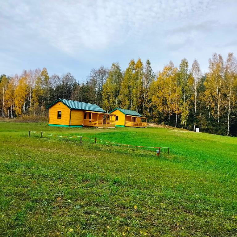 een geel huis in het midden van een veld bij Domek całoroczny in Buda Ruska