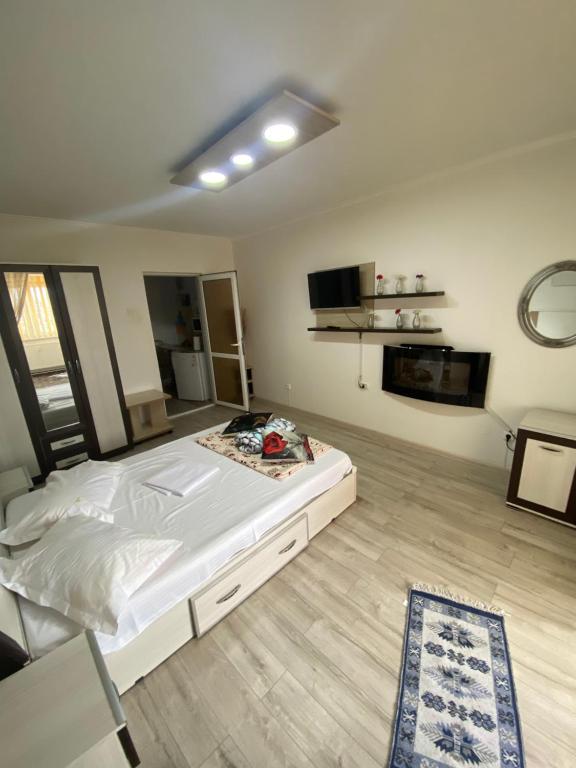 ein Schlafzimmer mit einem großen weißen Bett in einem Zimmer in der Unterkunft Apartment Darvys in Galaţi