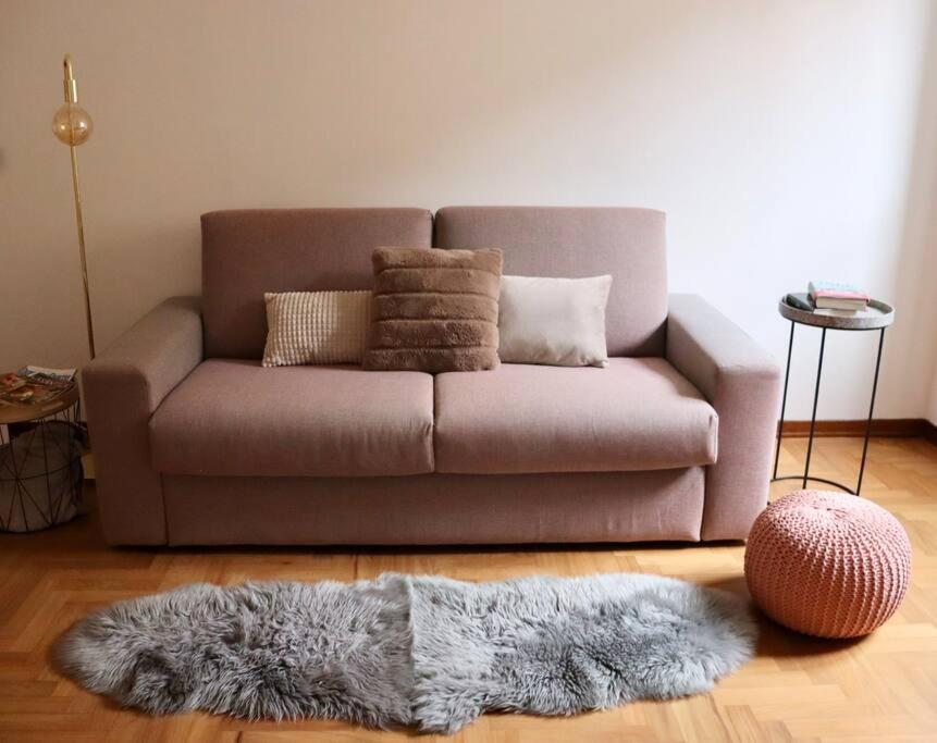 ein braunes Sofa im Wohnzimmer mit einem pelzigen Teppich in der Unterkunft Cozy Flat in Piemonte in Acqui Terme