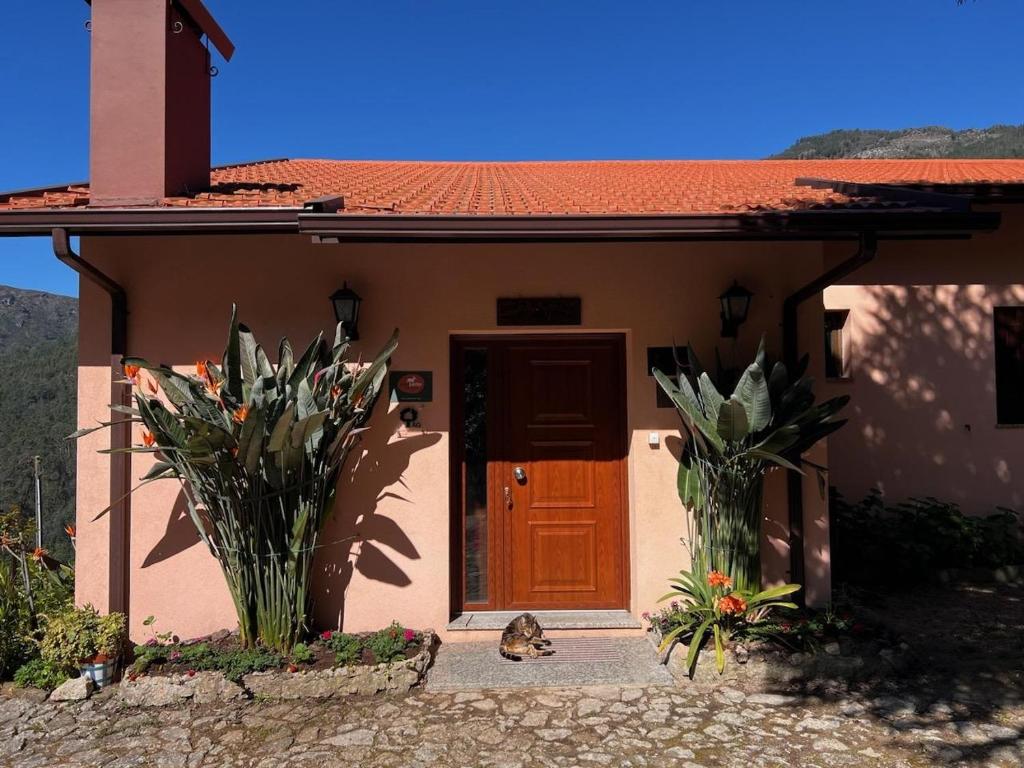 un gato sentado frente a una casa en Quinta De Gestacos, en Gerês