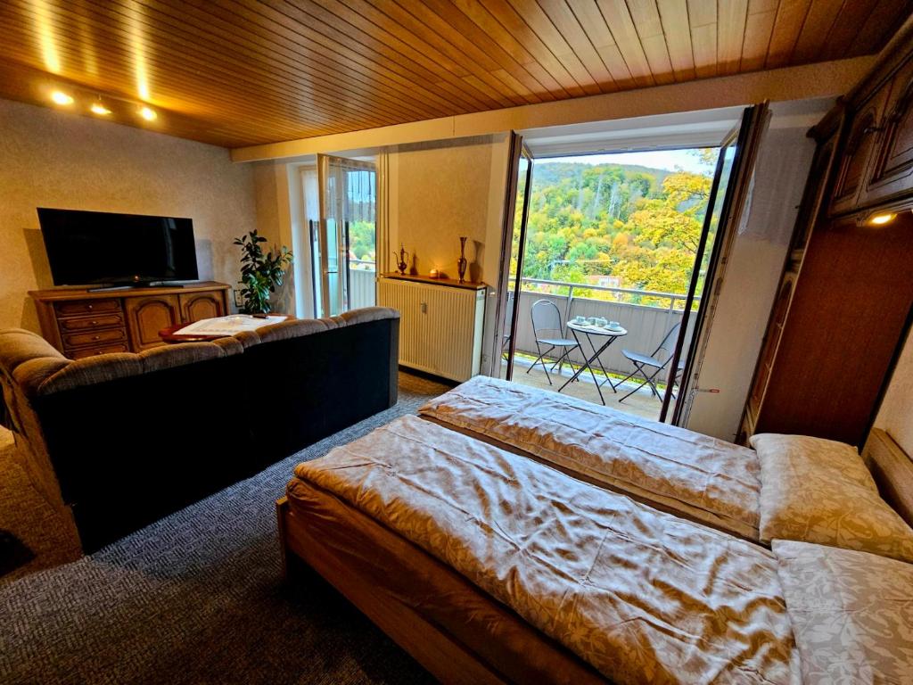una camera con un grande letto e una grande finestra di Gemütliche Ferienwohunung a Bad Grund