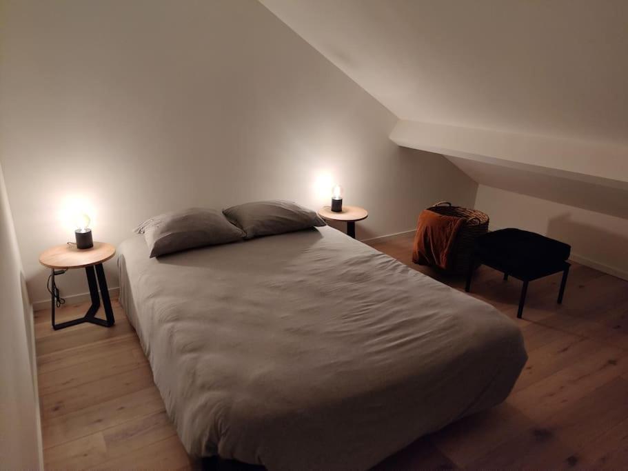 a bedroom with a bed and two lights on two tables at Corso studio 0303 in Leuven