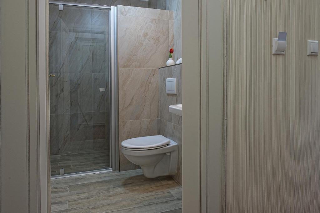 a bathroom with a toilet and a glass shower at Hotel Pod Bránou in Bardejov