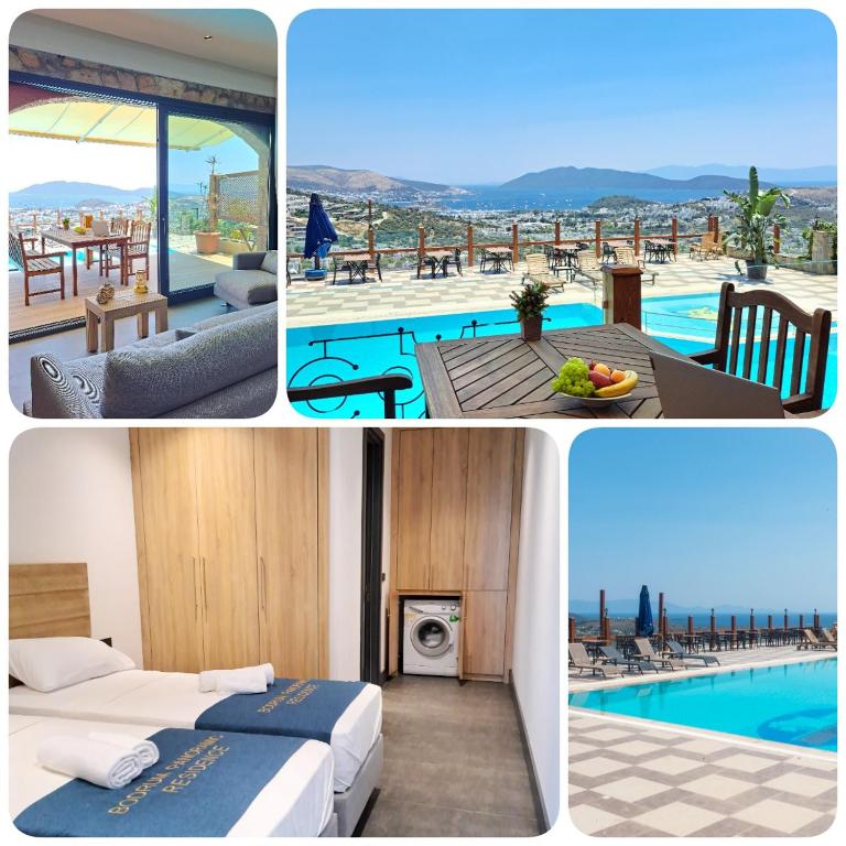 a collage of pictures of a hotel with a pool at Panoramic Konaklama Tesisi Bodrum in Bodrum City