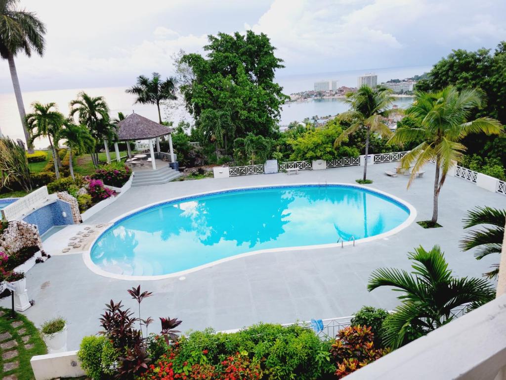 an overhead view of a swimming pool with the ocean in the background at Blue Topaz in Ocho Rios