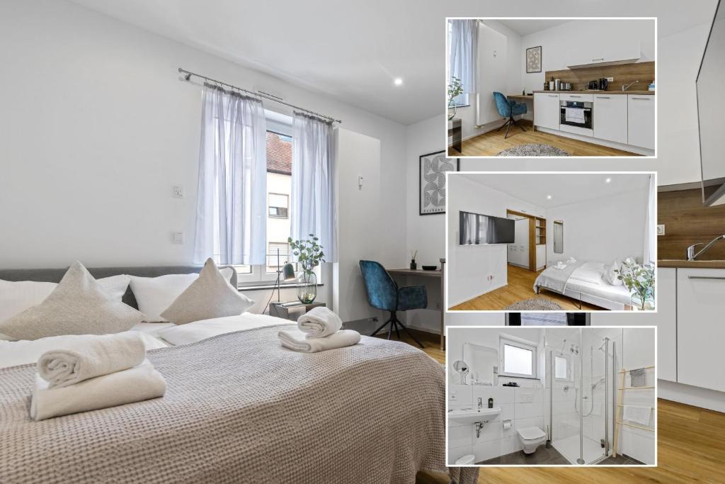 kolaż zdjęć sypialni z łóżkiem w obiekcie ma suite - smart apartment 2P - city Center w Augsburgu