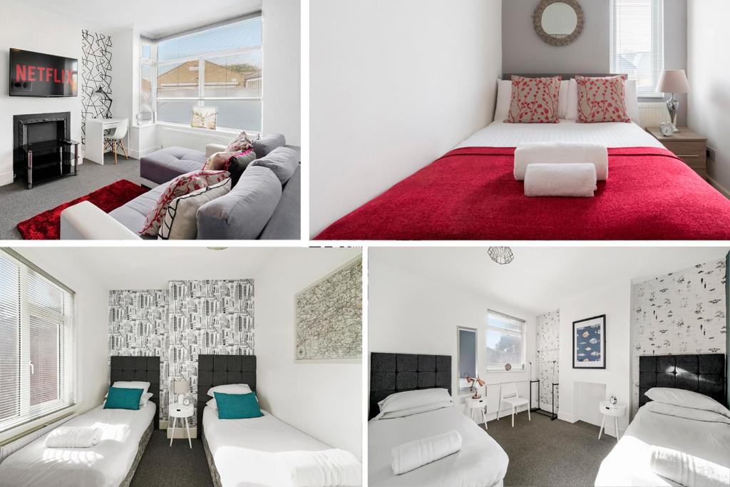 three pictures of a bedroom with a bed and a living room at Contractor Group relocation accommodation Birmingham in Birmingham