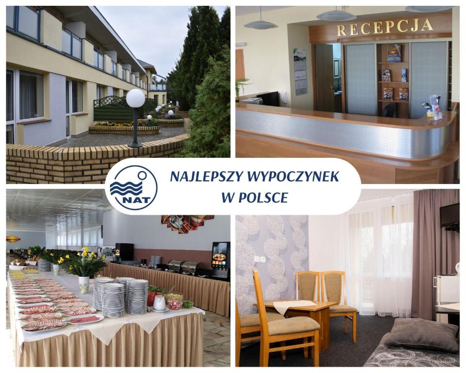 a collage of photos of a restaurant with a table at Ośrodek Wypoczynkowy Ania Dźwirzyno in Dźwirzyno