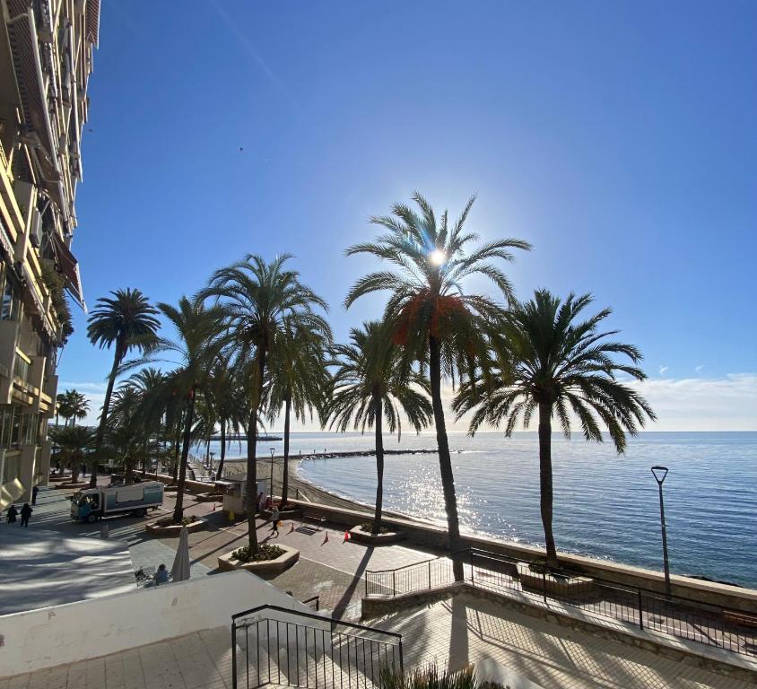 - une vue sur la plage bordée de palmiers et l'océan dans l'établissement Marbella Edificio Mayoral Primera Línea de Playa Centro Ciudad y Barco opcional, à Marbella