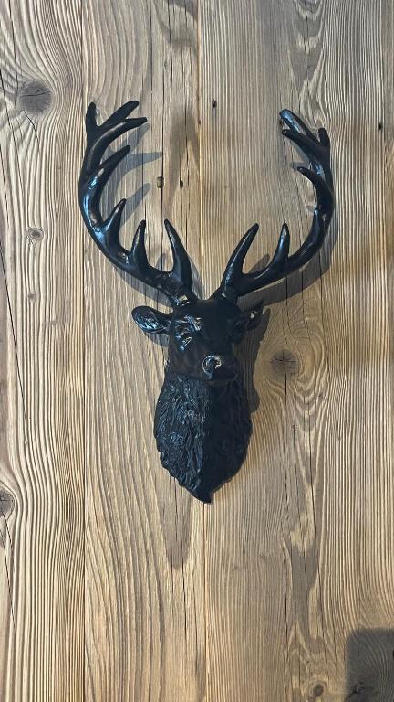 a black deer head on a wooden floor at APPARTEMENT PLEIN SUD AUX SAISIES N°6 in Les Saisies
