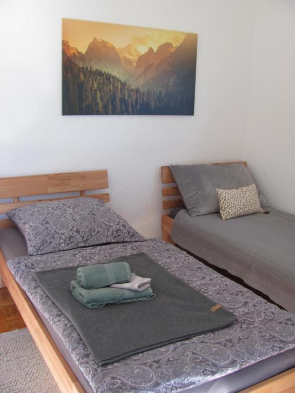 a bedroom with two beds and a painting on the wall at #1Gemütliches ruhiges sonniges Balkonzimmer mit Gemeinschaftsbad W-Lan Airport nah Late Night Check in in Trunkelsberg