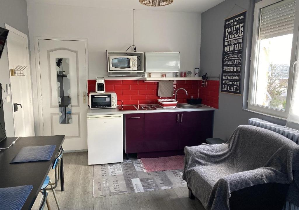 a kitchen with a white refrigerator and a microwave at Jolie studio 10min centre ville et 300m quai de seine WIFI in Rouen