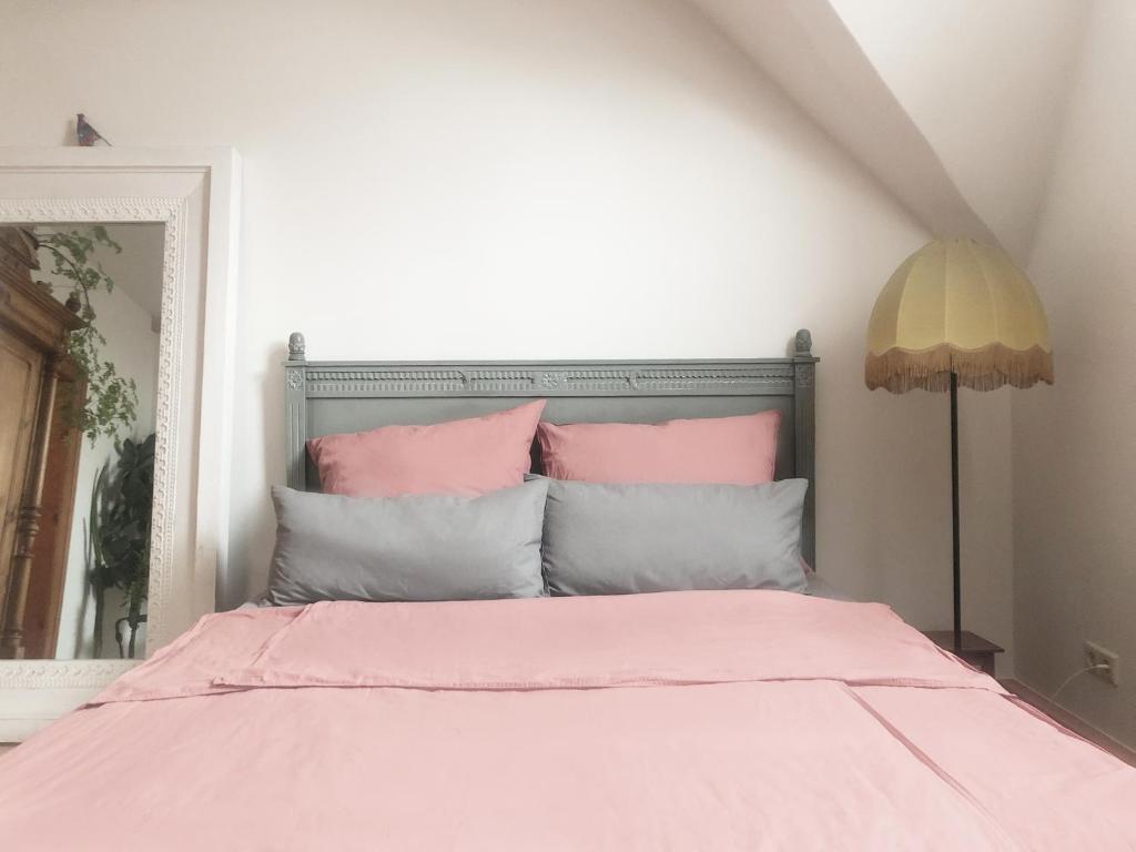 布蘭肯海恩的住宿－Dachgeschosswohnung mit 2 Schlafzimmern Nähe Golfresort Weimarer Land，一间卧室配有带粉色和灰色枕头的床