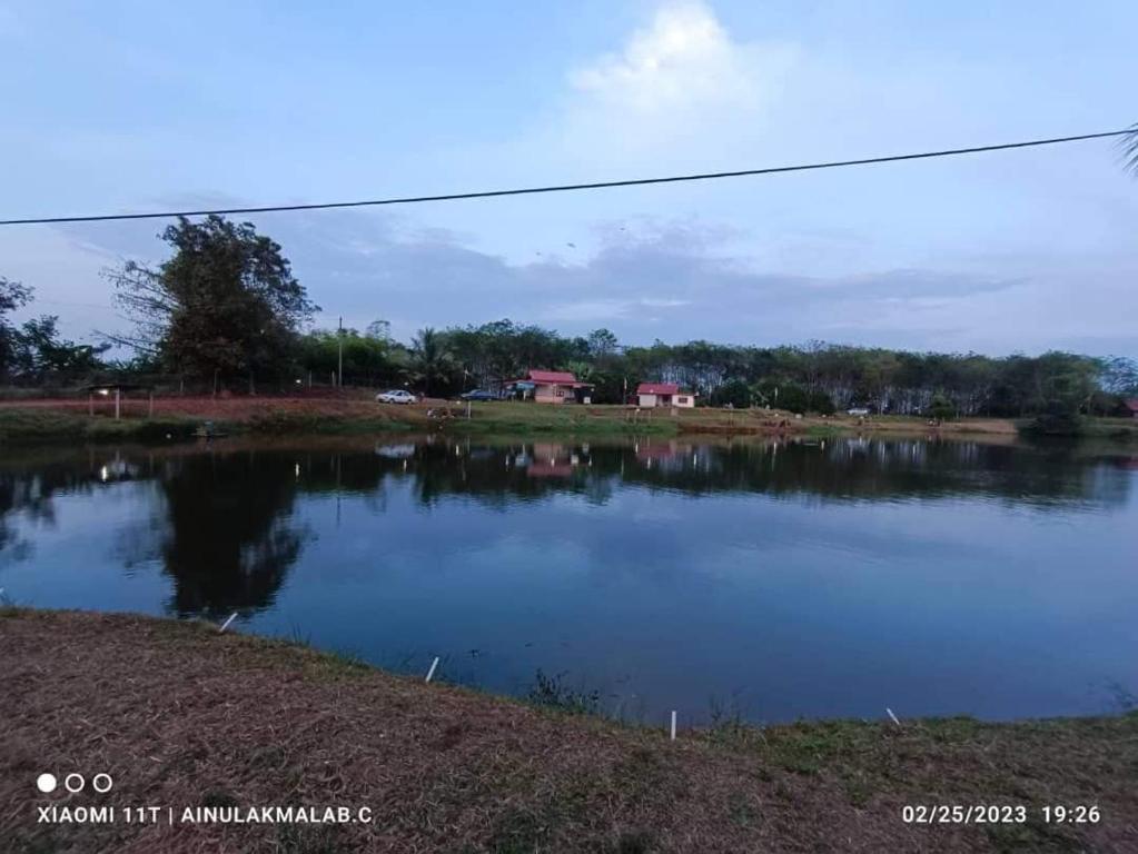 ein großer Wasserkörper mit Häusern im Hintergrund in der Unterkunft Homestay D'kolam in Pendang