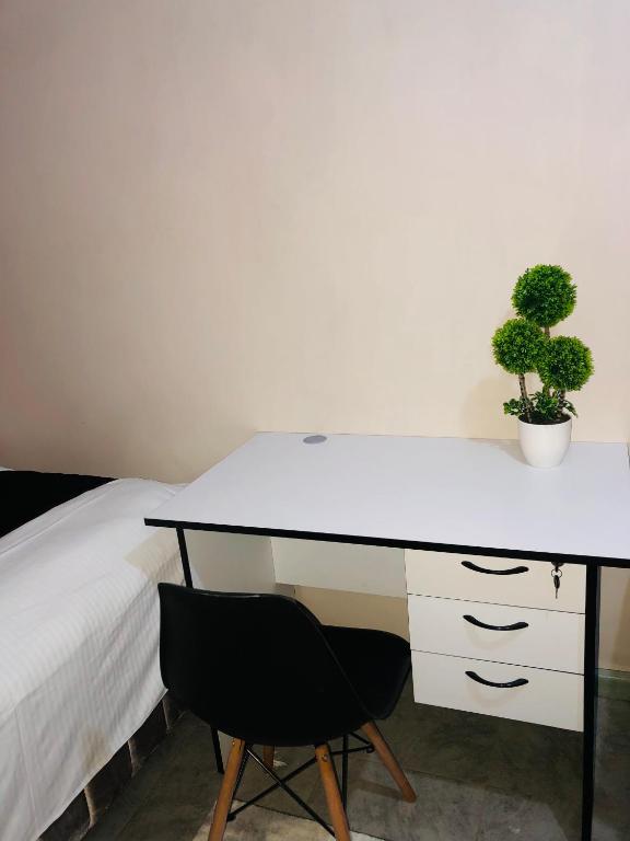 a desk with a potted plant next to a bed at Urban Escape in Nairobi