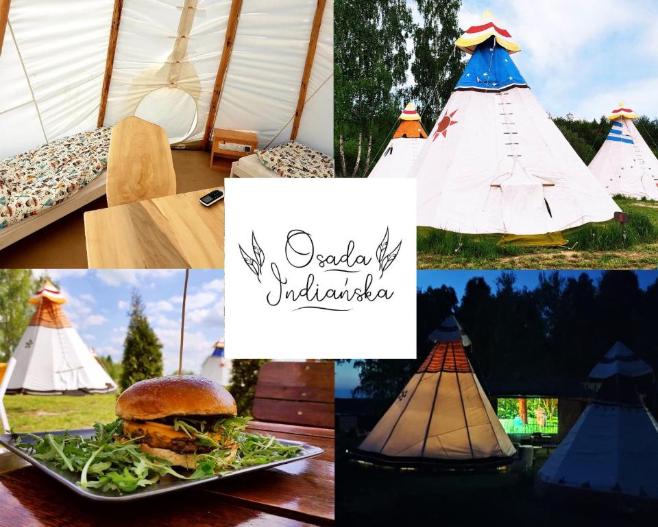 uma colagem de fotos de uma tenda com um prato de comida em Osada Indiańska em Ostrów Podlaski