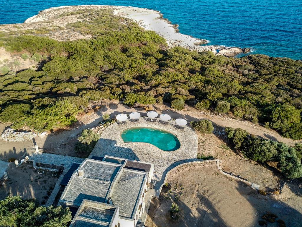 an aerial view of an island with a swimming pool at Borgo Thassos in Astris