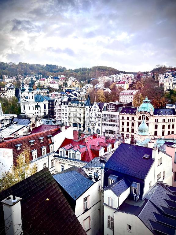 Nespecifikovaný výhled na destinaci Karlovy Vary nebo výhled na město při pohledu z apartmánu