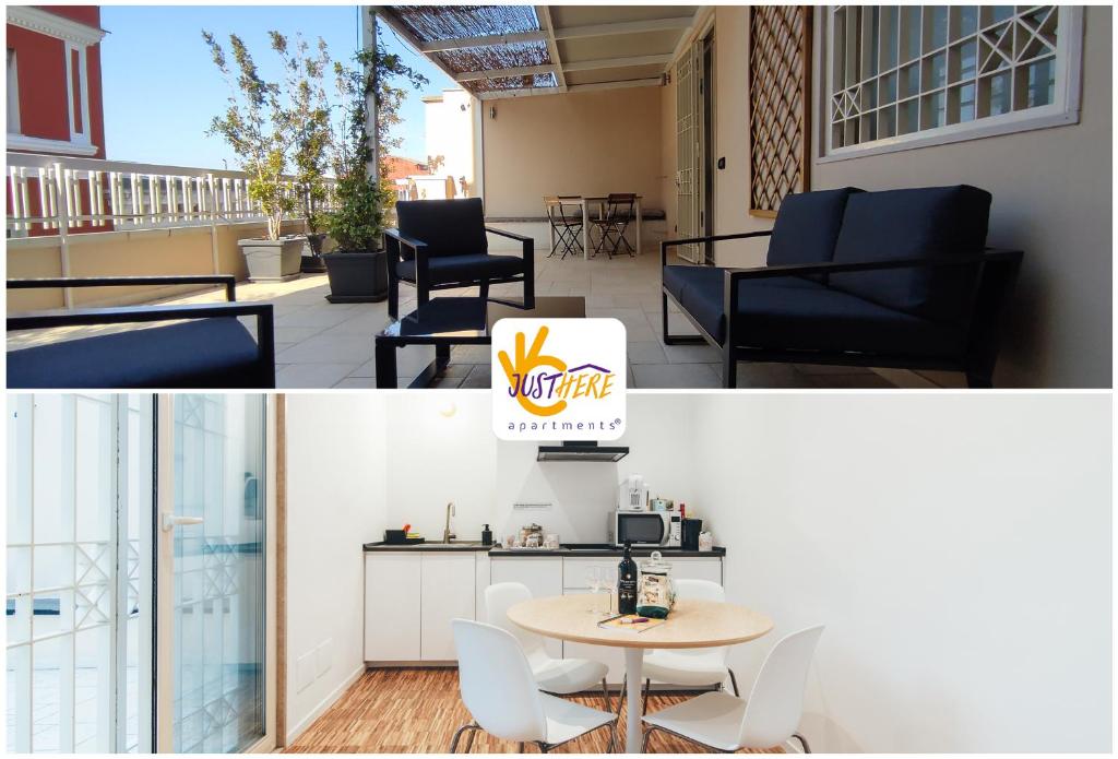 sala de estar con mesa y sillas en el balcón en Just Here apartments - La terrazza, en Bari