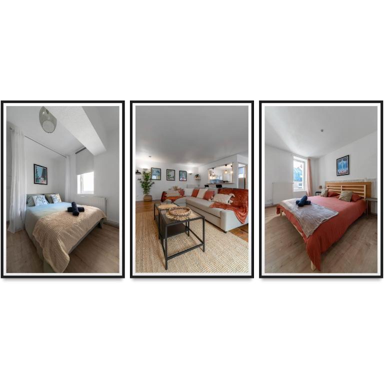 trois photos d'une chambre et d'un salon dans l'établissement Le Duplex - Grand appartement centre ville, à Vichy