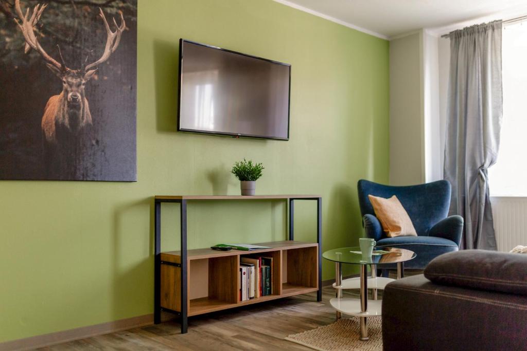 a living room with a tv on a green wall at Sacher's Quartiere in Großengottern