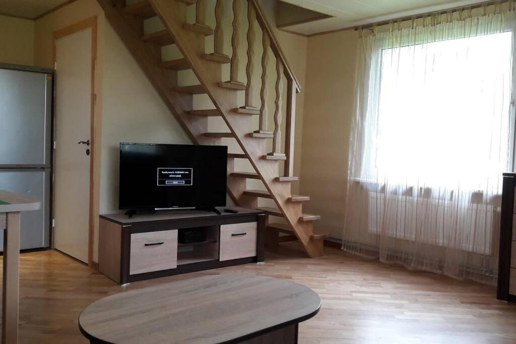 sala de estar con TV y escalera en Namelis sodyboje Lazduona, 