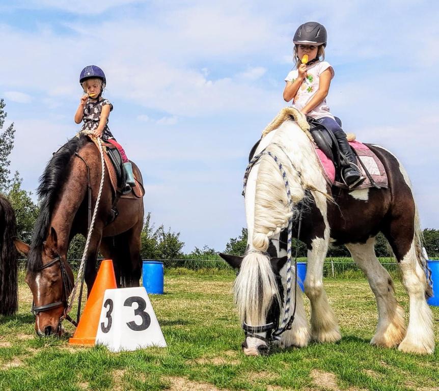 Duas raparigas a montar em cavalos ao lado de um obstáculo. em Chalet Weizicht op minicamping Hoogelande em Grijpskerke