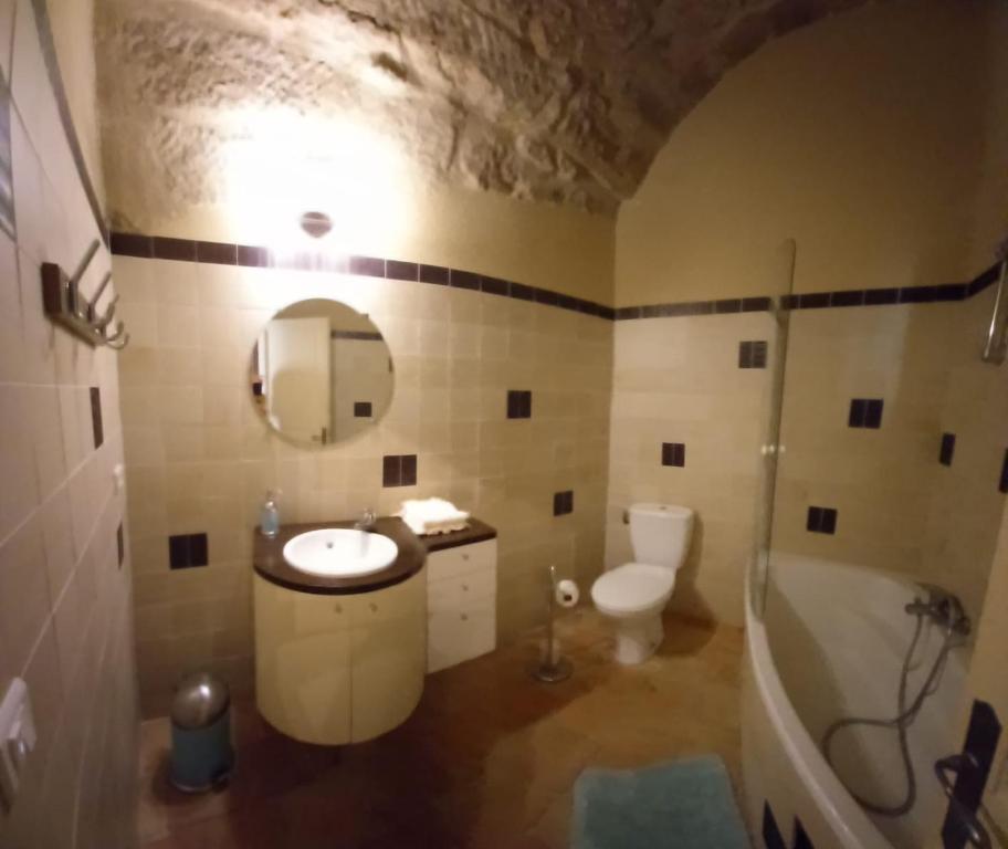 a bathroom with a sink and a toilet and a mirror at Charming Village Getaway in Bonnieux in Bonnieux