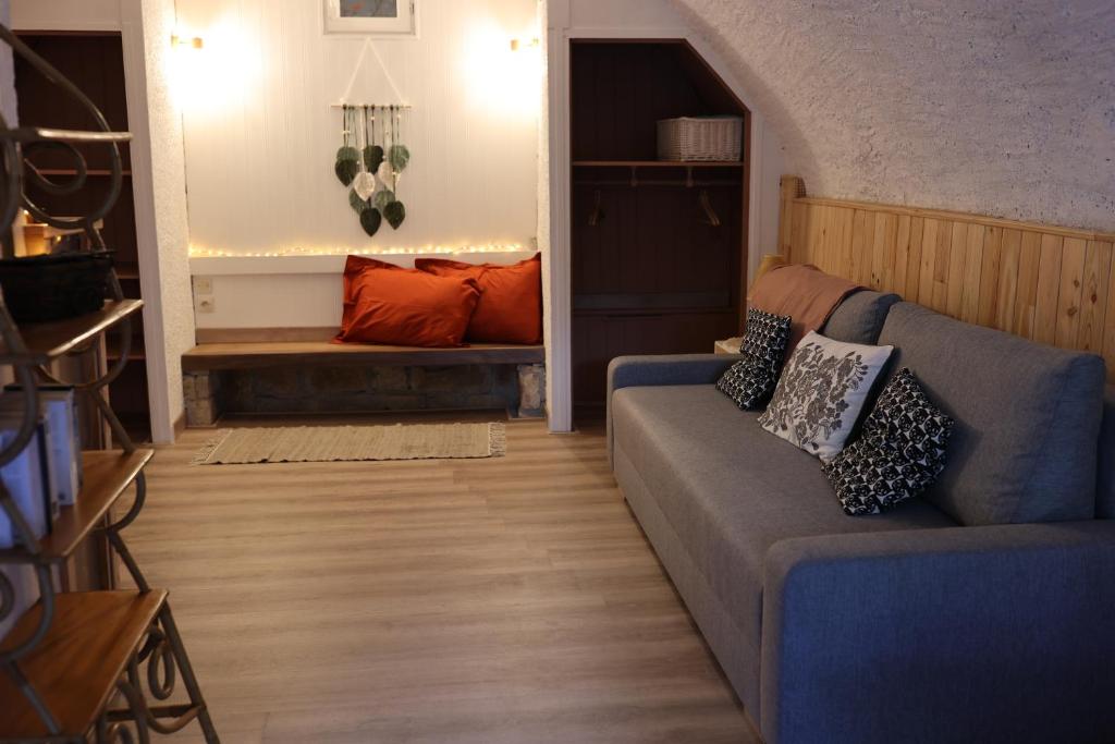 sala de estar con sofá y mesa en Studio des mésanges, en Saint-Laurent-la-Roche