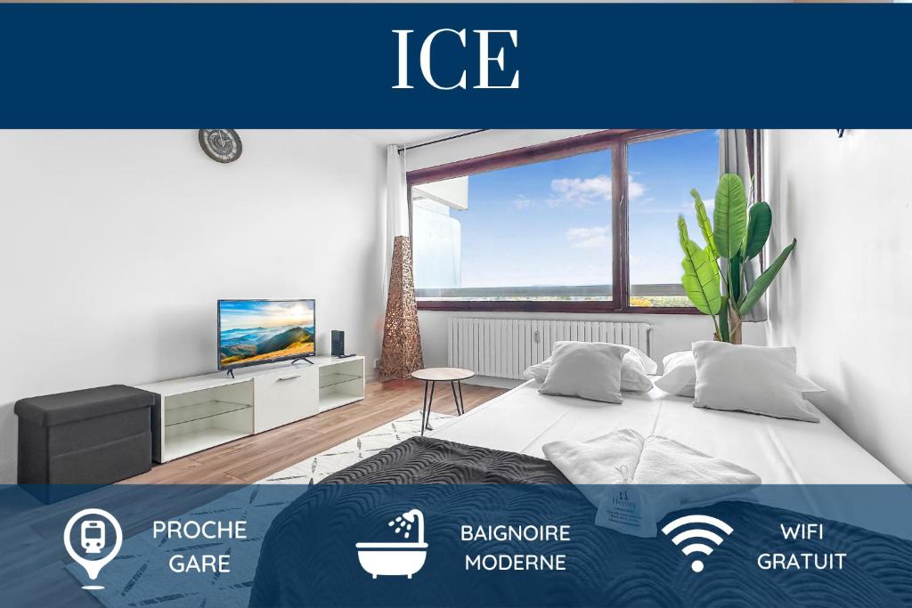 a rendering of a bedroom with a bed and a tv at ICE - Proche Gare - Wifi Gratuit - Baignoire in Gaillard