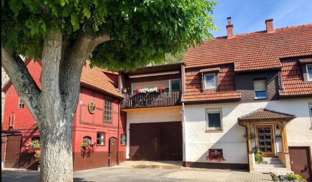 una casa con un árbol delante de ella en Ferienwohnung unterm Stein, en Alheim
