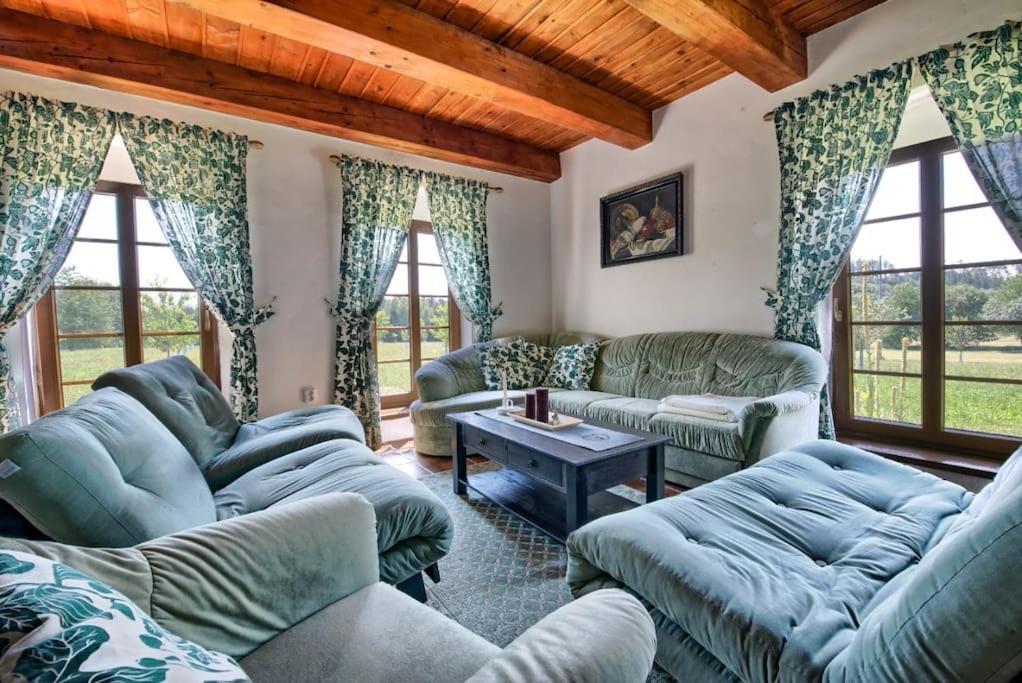 sala de estar con sofás y mesa en Chalupa Milešín 